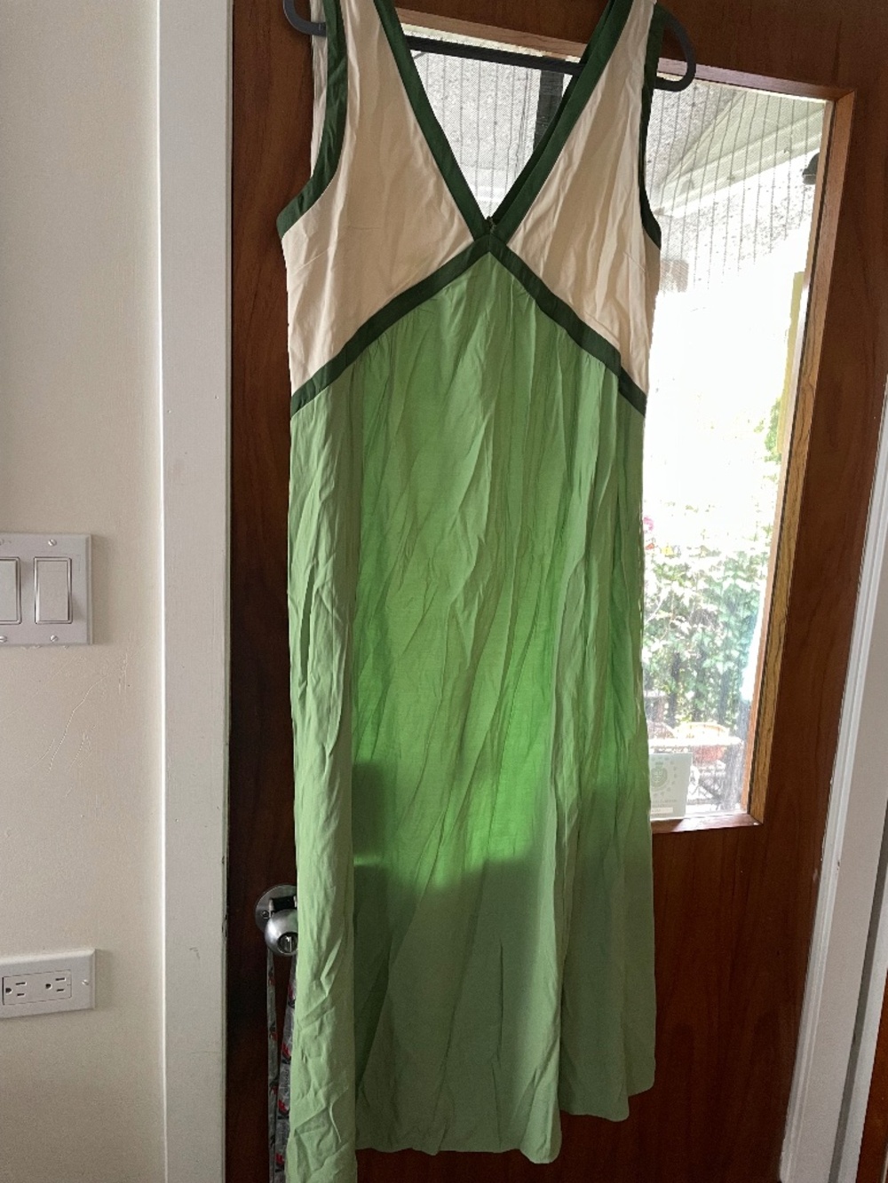 Green cotton blend dress with cream bodice